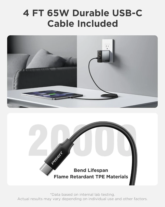 Alt view image 7 of 7 - 65W USB C Charger - 4-Port GaN Fast Charging Block Type C Charger Fast Charging Wall Plugs with 4FT C to C Cable for MacBook Pro/Air, iPhone 16/15/14, iPad Pro, Galaxy S24, Pixel 8, Steam Deck