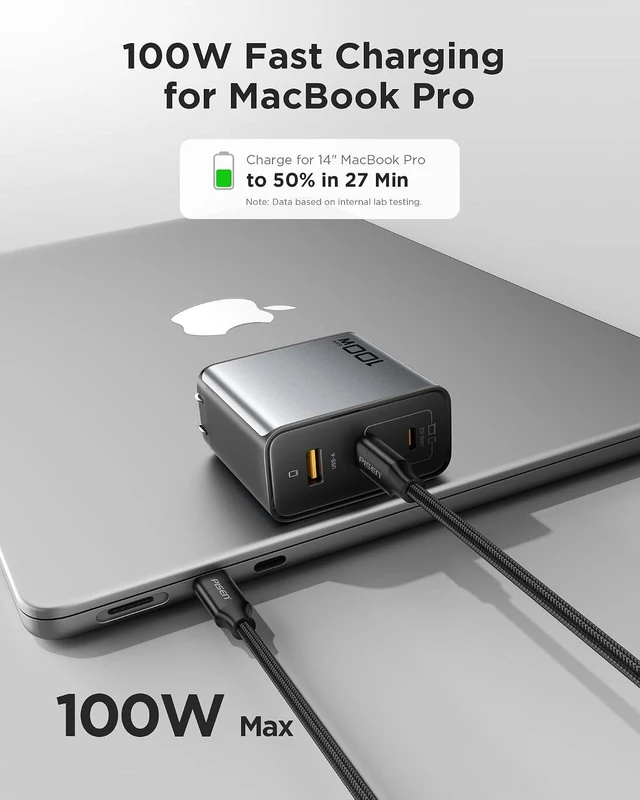 Alt view image 2 of 7 - 100W USB C Charger - 3-Port 100W GaN USB C Charging Block Fast Charging, 100Watt Charging Block with 6FT Type C Cable, 100Watt Wall Charger for MacBook, iPad, iPhone, Samsung, Google Pixelbook