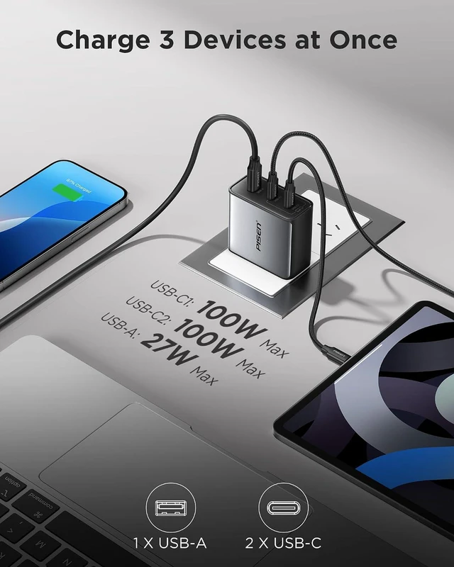 Alt view image 3 of 7 - 100W USB C Charger - 3-Port 100W GaN USB C Charging Block Fast Charging, 100Watt Charging Block with 6FT Type C Cable, 100Watt Wall Charger for MacBook, iPad, iPhone, Samsung, Google Pixelbook