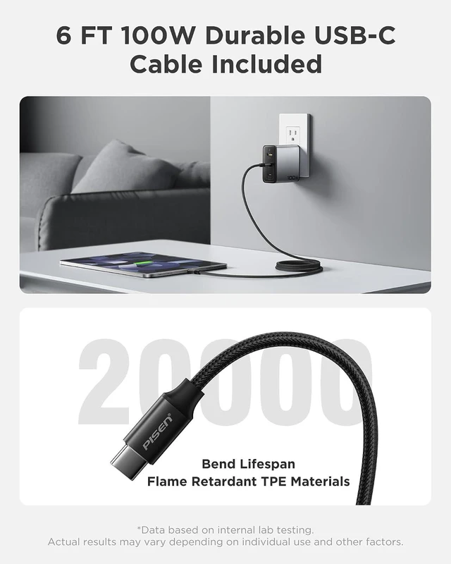 Alt view image 7 of 7 - 100W USB C Charger - 3-Port 100W GaN USB C Charging Block Fast Charging, 100Watt Charging Block with 6FT Type C Cable, 100Watt Wall Charger for MacBook, iPad, iPhone, Samsung, Google Pixelbook