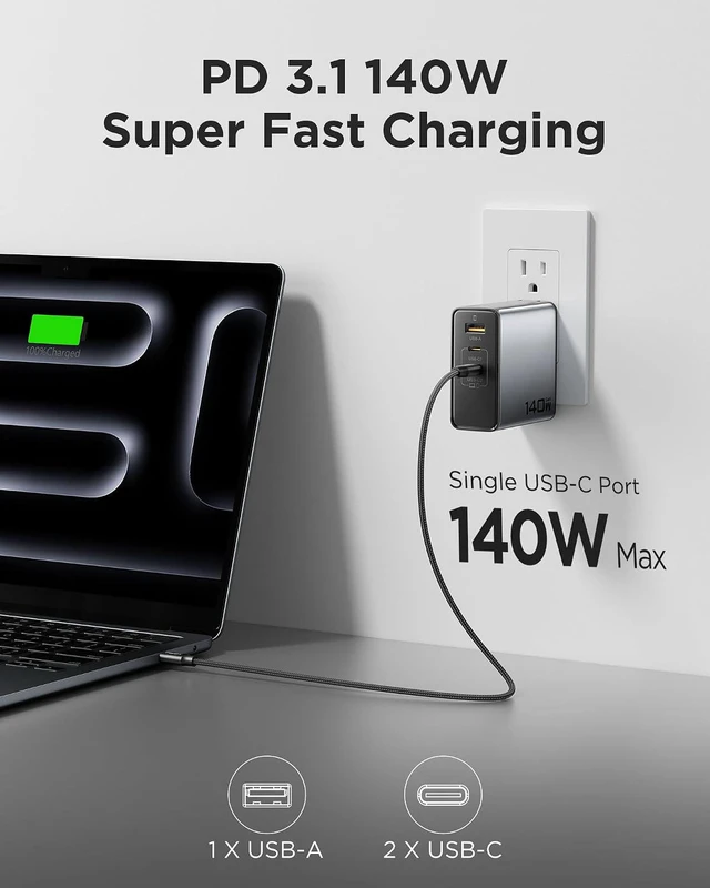 Alt view image 2 of 7 - 140W USB C Charger - PD3.1 GaN Fast Charger USB C 3-Port Foldable Charging Block 140Watt Power Adapter with 6FT 240W Type-C Cable, 140W Charger for MacBook, Laptops, Samsung, iPad, iPhone Series