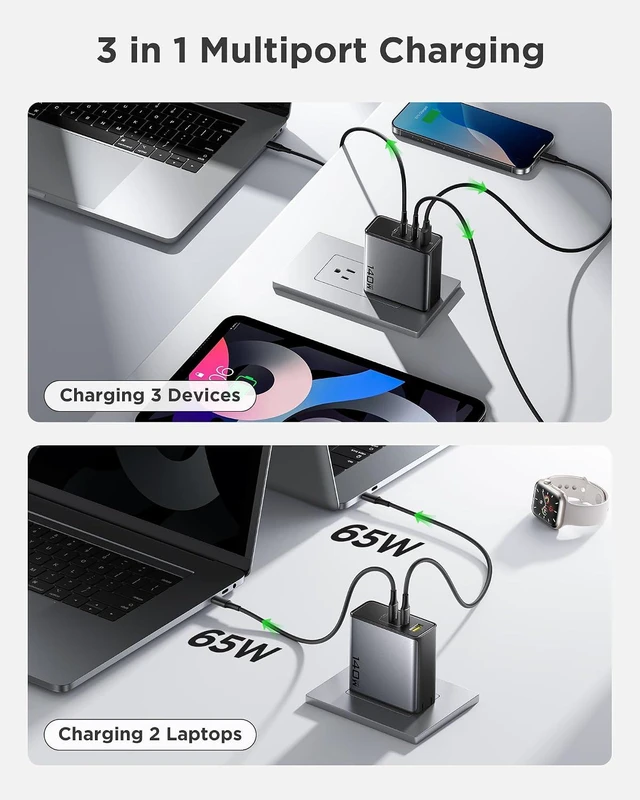 Alt view image 3 of 7 - 140W USB C Charger - PD3.1 GaN Fast Charger USB C 3-Port Foldable Charging Block 140Watt Power Adapter with 6FT 240W Type-C Cable, 140W Charger for MacBook, Laptops, Samsung, iPad, iPhone Series