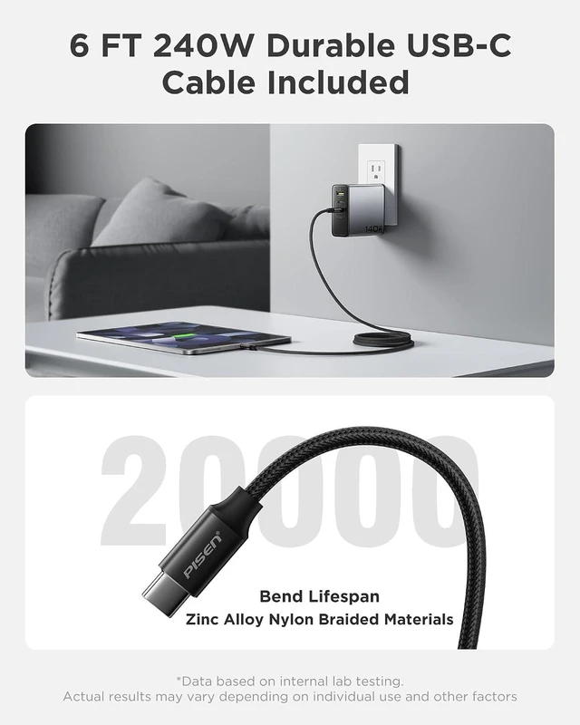 Alt view image 7 of 7 - 140W USB C Charger - PD3.1 GaN Fast Charger USB C 3-Port Foldable Charging Block 140Watt Power Adapter with 6FT 240W Type-C Cable, 140W Charger for MacBook, Laptops, Samsung, iPad, iPhone Series