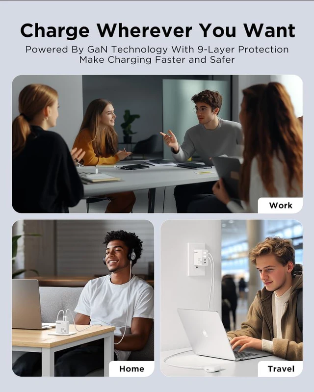 Alt view image 5 of 7 - 65W USB C Fast Charger - 4FT USB-C Cable, 4-Port Compact Foldable GaN Charger, PPS for MacBook Pro/Air, iPad Pro, Galaxy S23, iPhone Series