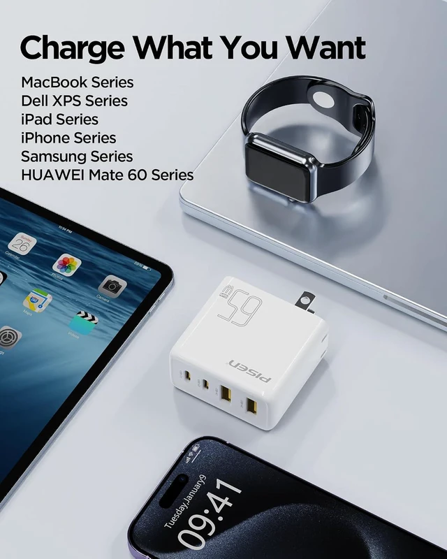 Alt view image 3 of 7 - 65W USB C Fast Charger - 4FT USB-C Cable, 4-Port Compact Foldable GaN Charger, PPS for MacBook Pro/Air, iPad Pro, Galaxy S23, iPhone Series