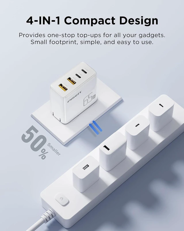 Alt view image 4 of 7 - 65W USB C Fast Charger - 4FT USB-C Cable, 4-Port Compact Foldable GaN Charger, PPS for MacBook Pro/Air, iPad Pro, Galaxy S23, iPhone Series