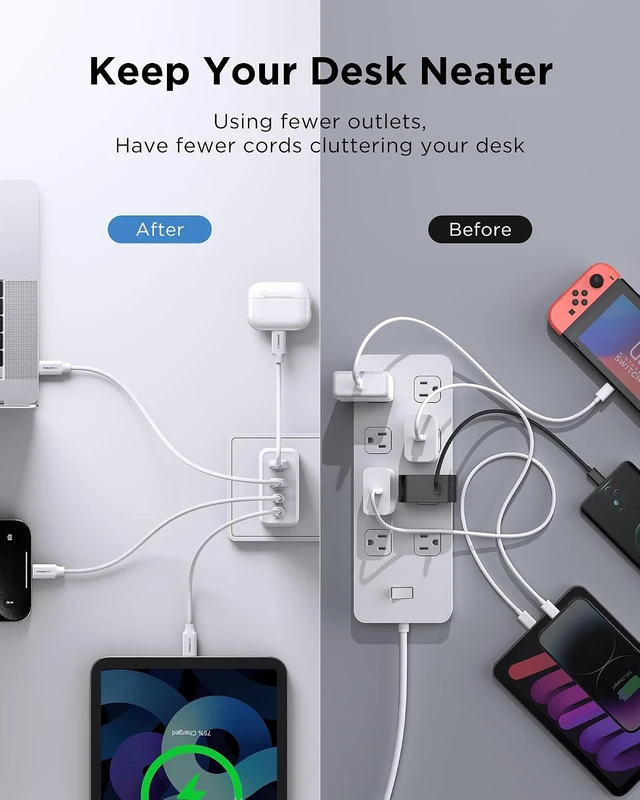 Alt view image 6 of 7 - 65W USB C Fast Charger - 4FT USB-C Cable, 4-Port Compact Foldable GaN Charger, PPS for MacBook Pro/Air, iPad Pro, Galaxy S23, iPhone Series
