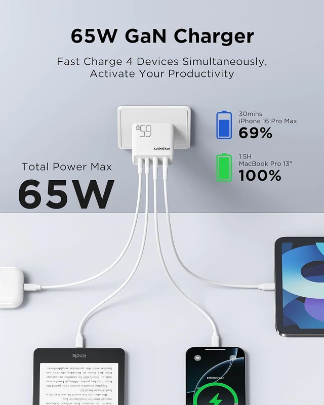 Alt view image 2 of 7 - 65W USB C Fast Charger - 4FT USB-C Cable, 4-Port Compact Foldable GaN Charger, PPS for MacBook Pro/Air, iPad Pro, Galaxy S23, iPhone Series