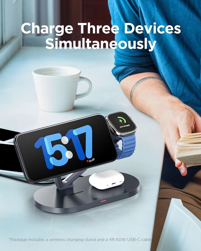 Alt view image 2 of 7 - Mag-Safe Wireless Charger Stand - 3-in-1 Wireless Charging Station, Qi2 Certified 15W Mag-Safe Wireless Charger Stand with LED Night Light & 30W Dual Port Charger