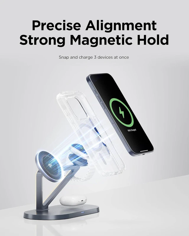 Alt view image 4 of 7 - Mag-Safe Wireless Charger Stand - 3-in-1 Wireless Charging Station, Qi2 Certified 15W Mag-Safe Wireless Charger Stand with LED Night Light & 30W Dual Port Charger