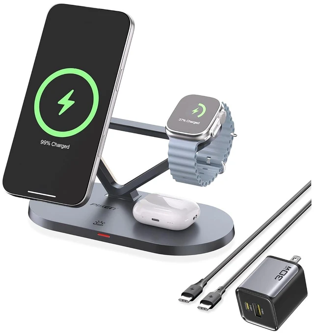 Main image of Mag-Safe Wireless Charger Stand - 3-in-1 Wireless Charging Station, Qi2 Certified 15W Mag-Safe Wireless Charger Stand with LED Night Light & 30W Dual Port Charger