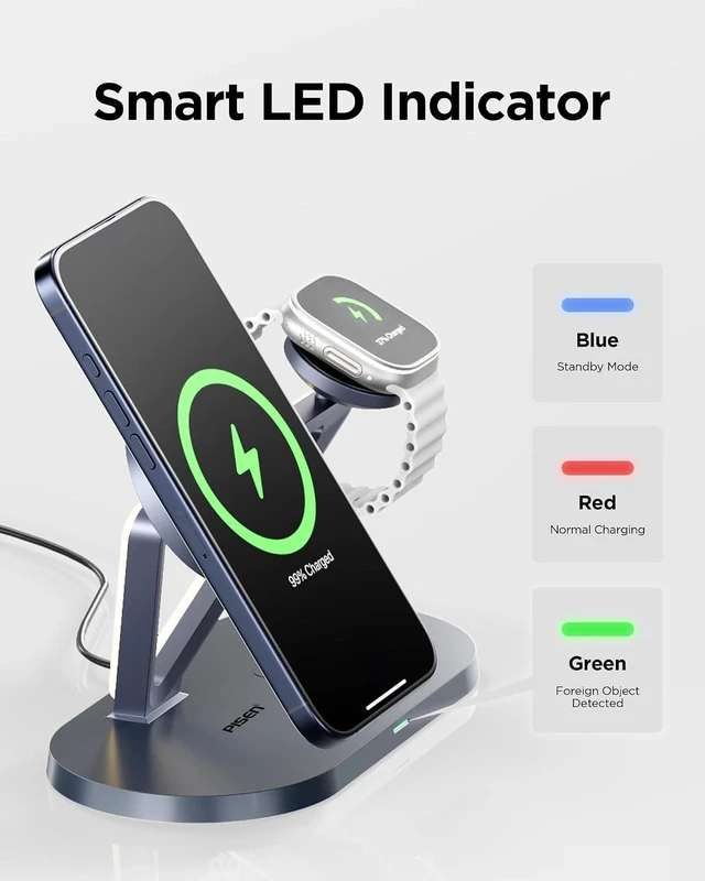 Alt view image 5 of 7 - Mag-Safe Wireless Charger Stand - 3-in-1 Wireless Charging Station, Qi2 Certified 15W Mag-Safe Wireless Charger Stand with LED Night Light & 30W Dual Port Charger