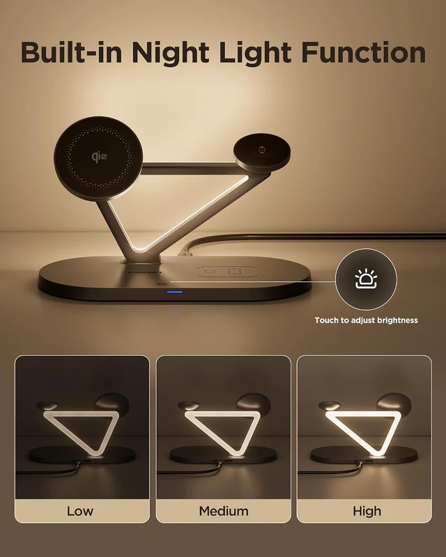 Alt view image 6 of 7 - Mag-Safe Wireless Charger Stand - 3-in-1 Wireless Charging Station, Qi2 Certified 15W Mag-Safe Wireless Charger Stand with LED Night Light & 30W Dual Port Charger