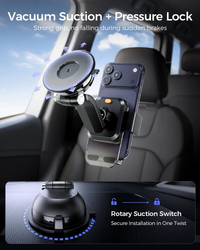 Alt view image 2 of 7 - Dashboard Car Phone Mount - One Press Lock Dash Phone Holder for Car, 360° Rotating One-Button Release Dash Car Phone Holder, Strong Suction Dashboard Car Phone Mount for Most Smartphone (Black)