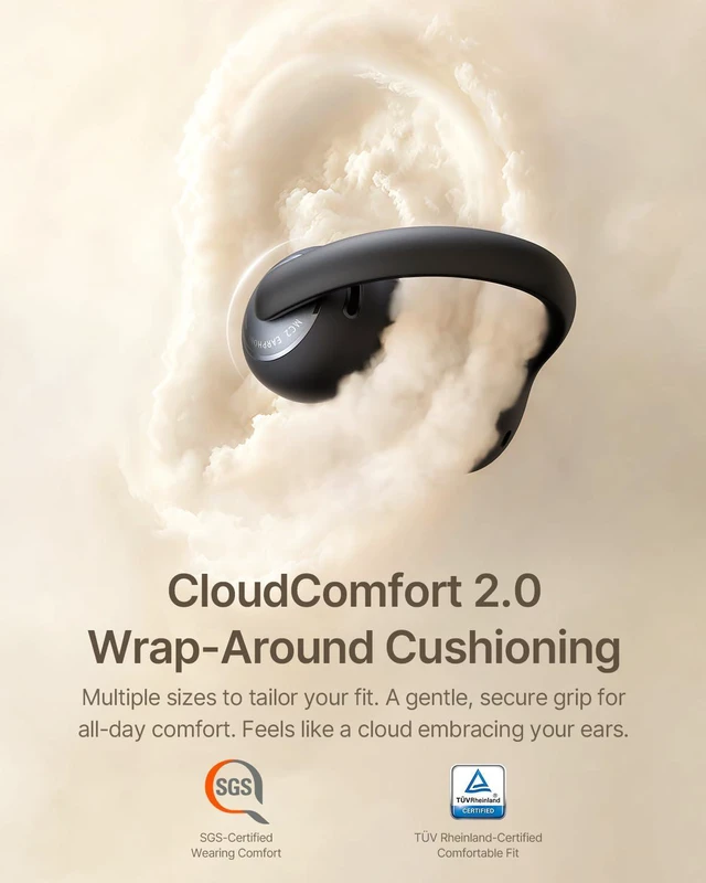 Alt view image 2 of 7 - Bowie MC2 Open Ear Clip On Earbuds, CloudComfort 2.0 Wrap-Around Design, LDAC Hi-Res Audio, Bluetooth 6.0, 55H Playtime, 4-Mic AI Clear Call, IP67 Waterproof for Running Gym Workouts