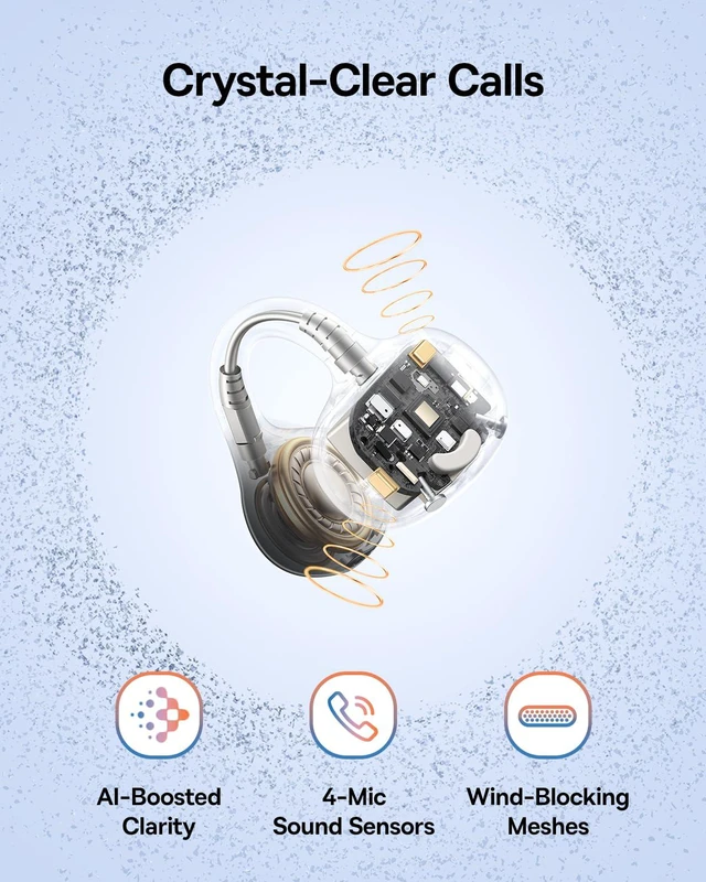 Alt view image 6 of 7 - Bass BC1 Open Ear Earbuds Clip-On Headphones, Open-Ring Comfort with Tri-Curve Snug Clip, Powerful Sound with SuperBass, 4-Mic Clear Calls, IP55 Waterproof, 38H Playtime, Lightweight