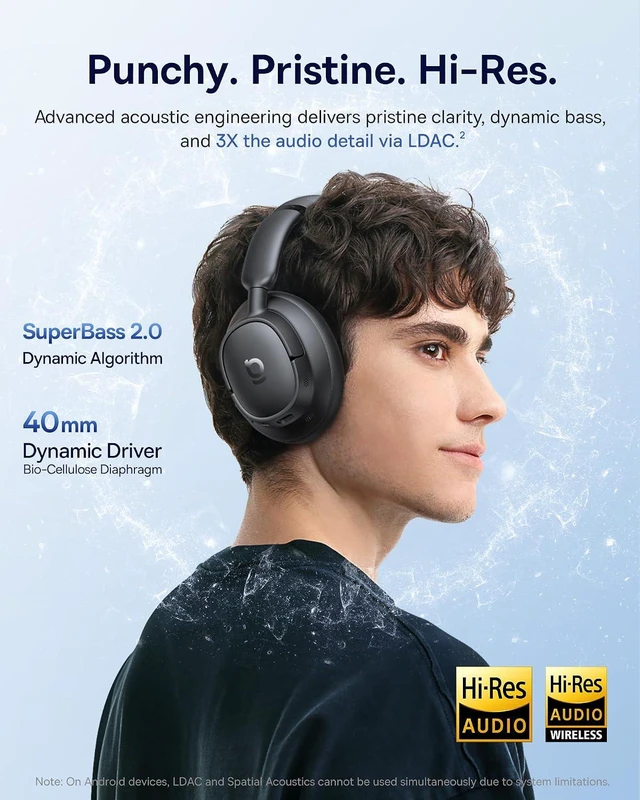 Alt view image 3 of 7 - Bass BH1 NC Adaptive Active Noise Cancelling Headphones, Real-Time Adaptive Hybrid ANC, SuperBass 2.0, LDAC Hi-Res Sound, 80H Playtime, 5-Mic AI Clear Calls, Comfortable Fit, Bluetooth 6.0