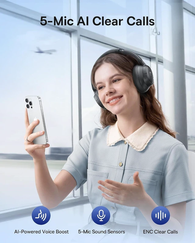 Alt view image 6 of 7 - Bass BH1 NC Adaptive Active Noise Cancelling Headphones, Real-Time Adaptive Hybrid ANC, SuperBass 2.0, LDAC Hi-Res Sound, 80H Playtime, 5-Mic AI Clear Calls, Comfortable Fit, Bluetooth 6.0