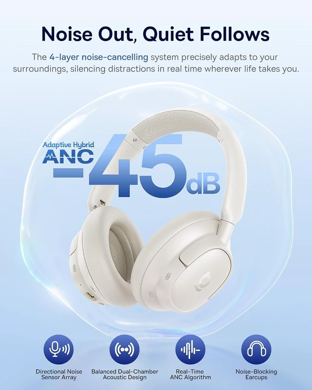 Alt view image 2 of 7 - Bass BH1 NC Adaptive Active Noise Cancelling Headphones, Real-Time Adaptive Hybrid ANC, SuperBass 2.0, LDAC Hi-Res Sound, 80H Playtime, 5-Mic AI Clear Calls, Comfortable Fit, Bluetooth 6.0
