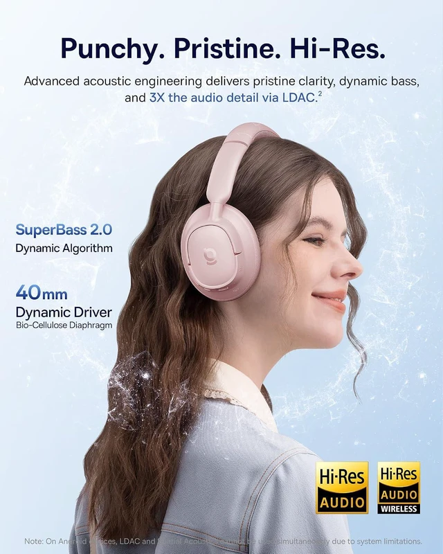 Alt view image 3 of 7 - Bass BH1 NC Adaptive Active Noise Cancelling Headphones, Real-Time Adaptive Hybrid ANC, SuperBass 2.0, LDAC Hi-Res Sound, 80H Playtime, 5-Mic AI Clear Calls, Comfortable Fit, Bluetooth 6.0