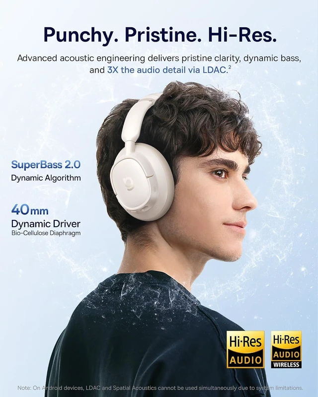 Alt view image 3 of 7 - Bass BH1 NC Adaptive Active Noise Cancelling Headphones, Real-Time Adaptive Hybrid ANC, SuperBass 2.0, LDAC Hi-Res Sound, 80H Playtime, 5-Mic AI Clear Calls, Comfortable Fit, Bluetooth 6.0