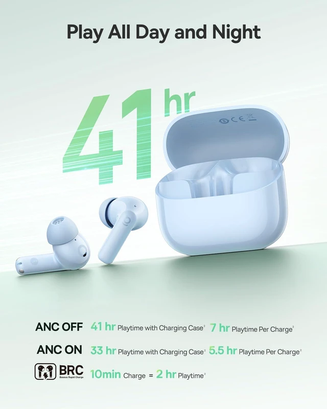 Alt view image 5 of 7 - Bass BP1 NC Hybrid Active Noise Cancelling Wireless Earbuds, 12mm Super-Bass Driver, 41H Playtime, Bluetooth 6.0, IP55 Waterproof, 4-Mic AI ENC, 24 Customizable EQ (Blue)