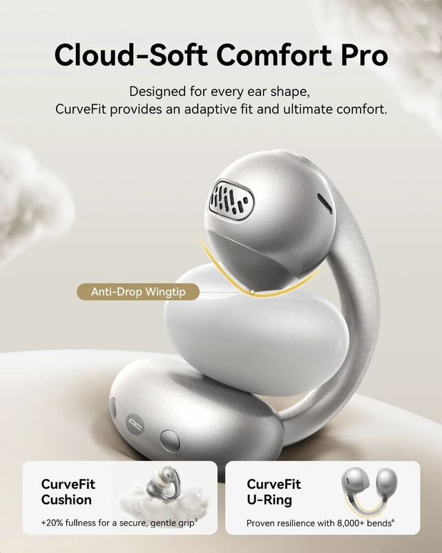 Alt view image 5 of 7 - Bowie MC1 Pro Open Ear Clip-On Headphones, Hi-Res LDAC & HiFi4 Acoustic Sound, 5g Ultra-Lightweight Comfort, SuperBass 2.0, DNN 4-Mic AI Clear Calls, IP67 Waterproof, Bluetooth 6.0 (Titanium)