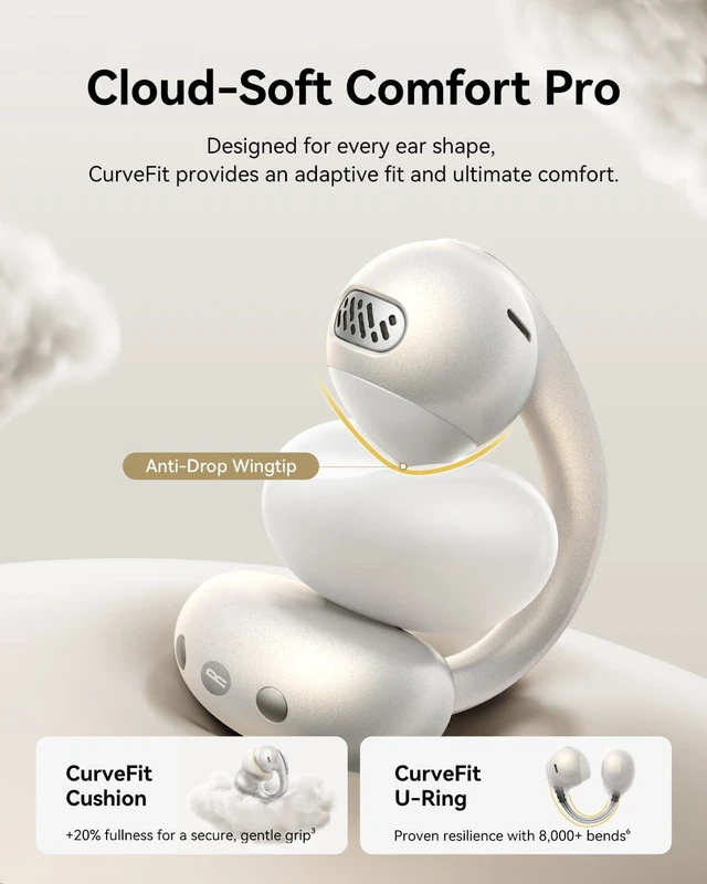 Alt view image 2 of 7 - Bowie MC1 Pro Open Ear Clip-On Headphones, Hi-Res LDAC & HiFi4 Acoustic Sound, 5g Ultra-Lightweight Comfort, SuperBass 2.0, DNN 4-Mic AI Clear Calls, IP67 Waterproof, Bluetooth 6.0 (White)