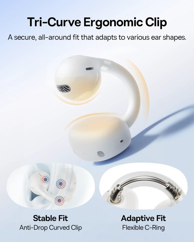 Alt view image 3 of 7 - Bass BC1 Open Ear Earbuds Clip-On Headphones, Open-Ring Comfort with Tri-Curve Snug Clip, Powerful Sound with SuperBass, 4-Mic Clear Calls, IP55 Waterproof, 38H Playtime, Lightweight