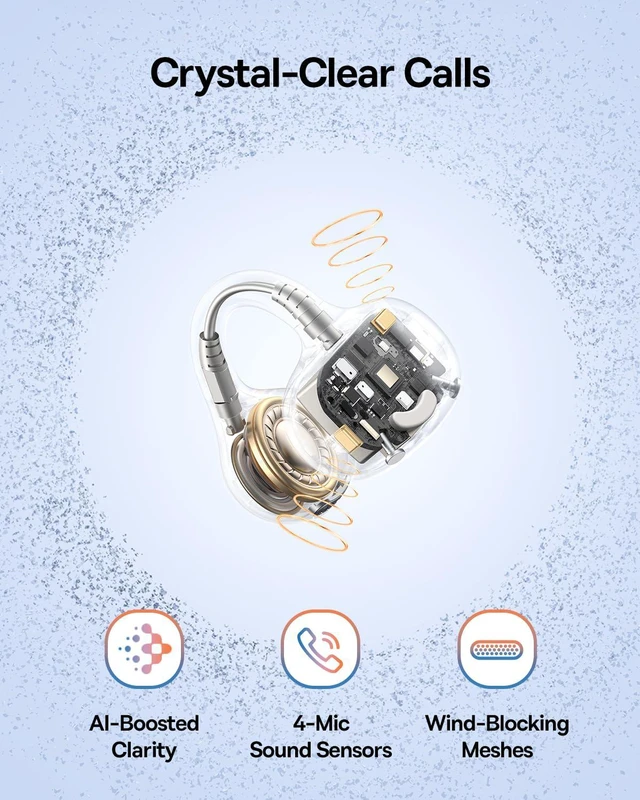 Alt view image 6 of 7 - Bass BC1 Open Ear Earbuds Clip-On Headphones, Open-Ring Comfort with Tri-Curve Snug Clip, Powerful Sound with SuperBass, 4-Mic Clear Calls, IP55 Waterproof, 38H Playtime, Lightweight