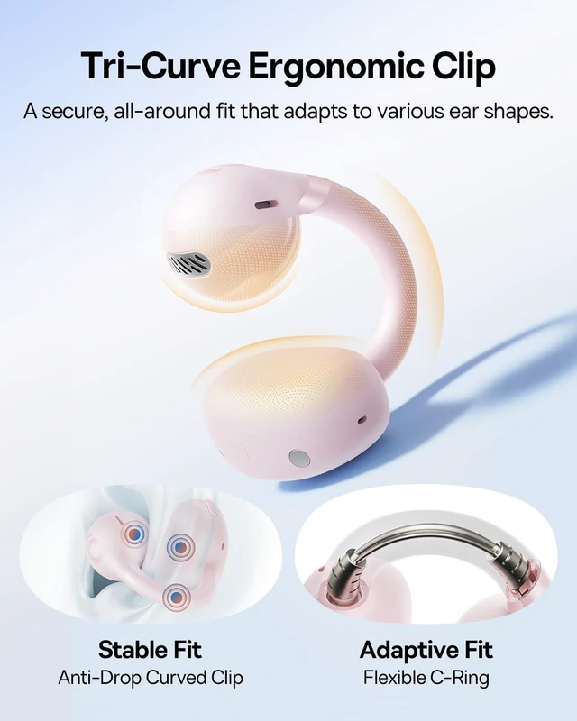 Alt view image 4 of 7 - Bass BC1 Open Ear Earbuds Clip-On Headphones, Open-Ring Comfort with Tri-Curve Snug Clip, Powerful Sound with SuperBass, 4-Mic Clear Calls, IP55 Waterproof, 38H Playtime