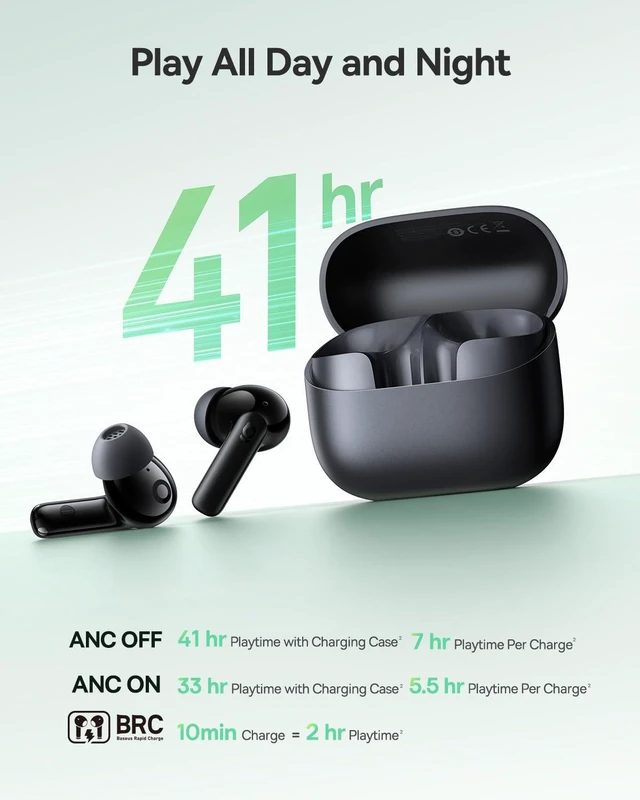 Alt view image 5 of 7 - Bass BP1 NC Hybrid Active Noise Cancelling Wireless Earbuds, 12mm Super-Bass Driver, 41H Playtime, Bluetooth 6.0, IP55 Waterproof, 4-Mic AI ENC, 24 Customizable EQ
