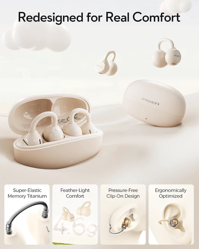 Alt view image 3 of 7 - Clip-On Open Ear Earbuds, 4.6g ENC Bluetooth 6.0 Wireless Headphones