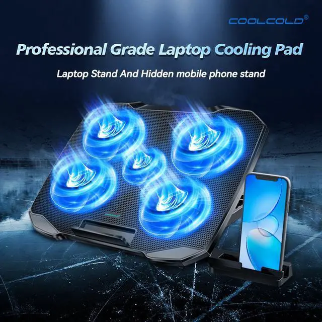 Alt view image 2 of 7 - F2PLUS laptop cooling fan with mobile phone holder, 5-core cooling for gaming laptop computer cooling fan