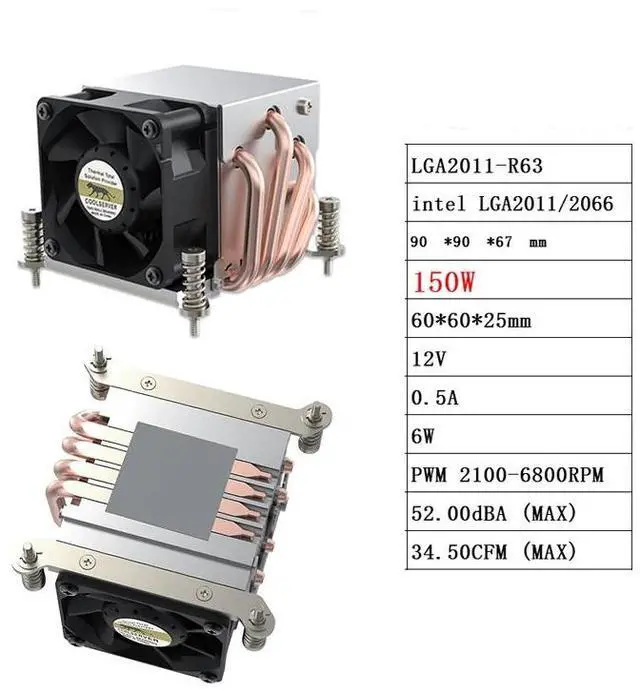Main image of LGA2011-R63 150W 2U Server CPU Cooler, 4 Heat Pipes, PWM 6800RPM Fan, Dual Ball Bearing - For Intel LGA2011/2066