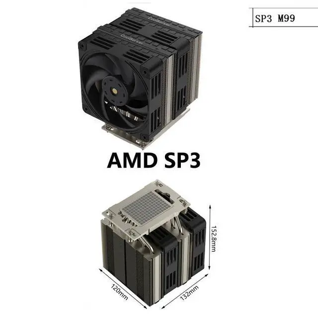 Alt view image 2 of 3 - SP3 M99 450W Tower CPU Cooler, 6 Heat Pipes, Copper Base, 120mm PWM Silent Fan, 152.8mm Height for AMD SP3 / sWRX8 / sTRX4 / TR4