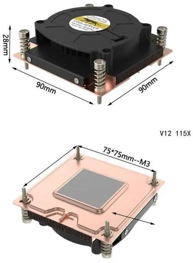 Main image of V12 115X 125W Ultra-Thin CPU Cooler, Vapor Chamber + Copper Fins, 80mm High-Performance PWM Fan, 13.5mmHO Static Pressure, 28mm Height for Intel LGA1200/115X (LGA1150/1151/1155/1156) 1U/SFF Server Bu