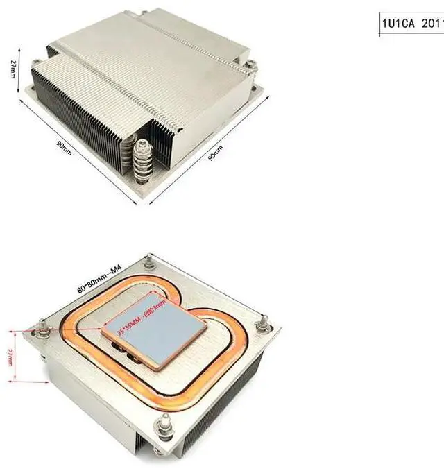 Main image of 1U1CA 2011 95W 1U CPU Cooler, Copper Base + Aluminum Fins + 1 Heat Pipe, 27mm Height for Intel LGA2011/2066