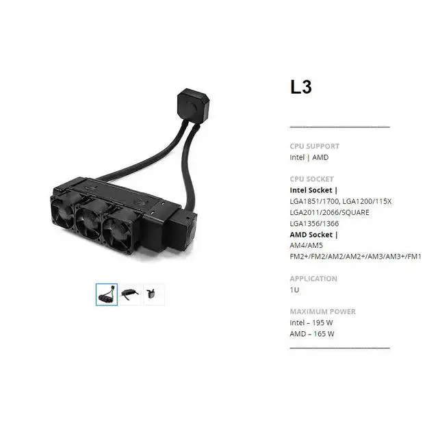 Alt view image 4 of 4 - L3 1U Server Liquid Cooler, Compatible with Intel LGA1151 / LGA1700 / LGA2011 and AMD AM4 Sockets