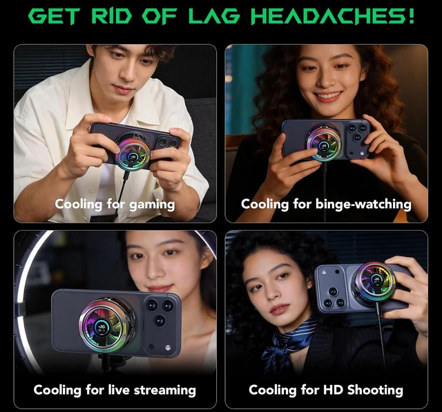 Alt view image 6 of 7 - Magnetic Phone Cooler 6 Pro Smart Display, Magnetic Ring Plate, Addressable RGB LEDs, App-Controlled Cooling Fan for iPhone MagSafe, Android & iPad Gaming, Streaming & Photography