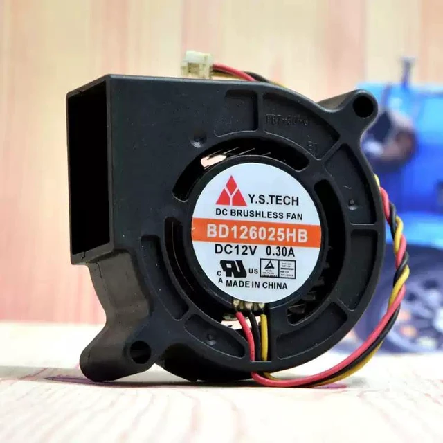 Main image of BD126025HB Turbo Blower Fan, DC 12V 0.3A, 6025 Size (60×60×25mm), Dual Ball Bearing, 7500RPM