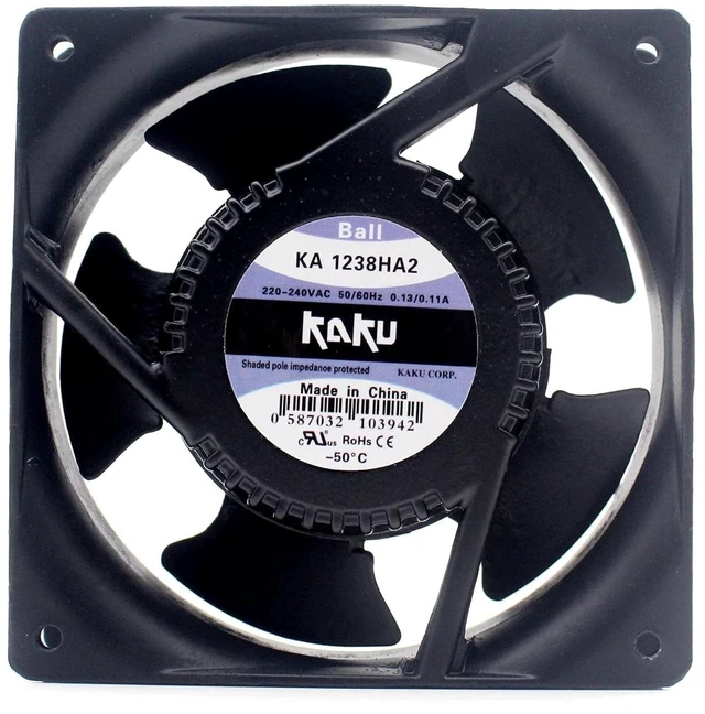 Main image of KA1238HA2 Ball Bearing Terminal Cooling Fan 120×120×38mm, AC 220/240V, 0.13/0.11A, 21W, 3100RPM, 100CFM, Magnesium Alloy Frame