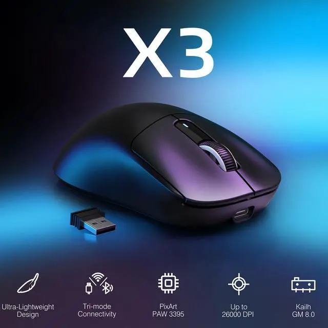 Alt view image 2 of 7 - ATTACK SHARK X3 Lightweight Tri-Mode Wireless Gaming Mouse, 2.4G Bluetooth USB-C Wired, PAW3395 Sensor, 26K DPI, Kailh GM8.0 Switch, 5 Programmable Buttons for PC & Mac