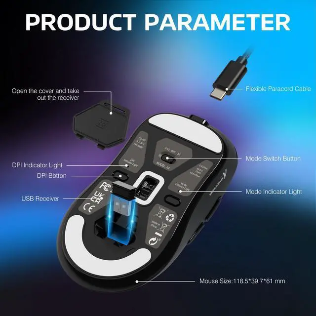 Alt view image 7 of 7 - ATTACK SHARK X3 Lightweight Tri-Mode Wireless Gaming Mouse, 2.4G Bluetooth USB-C Wired, PAW3395 Sensor, 26K DPI, Kailh GM8.0 Switch, 5 Programmable Buttons for PC & Mac