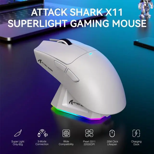 Alt view image 2 of 7 - ATTACK SHARK X11 Wireless Gaming Mouse | PAW3311 Sensor, 22000 DPI, Tri-Mode, Lightweight, RGB Charging Dock, 5 Programmable Buttons