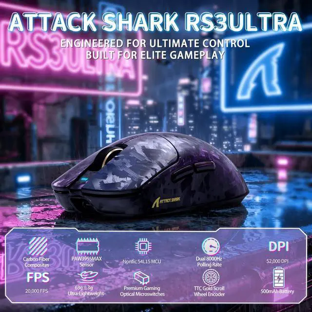 Alt view image 2 of 7 - ATTACK SHARK RS3 UlTRA Carbon Fiber Wireless Gaming Mouse | PAW3955MAX Sensor, 52000 DPI, Dual 8K Polling Rate, Nordic 54L15 MCU, 100M Optical Switches, Web Driver