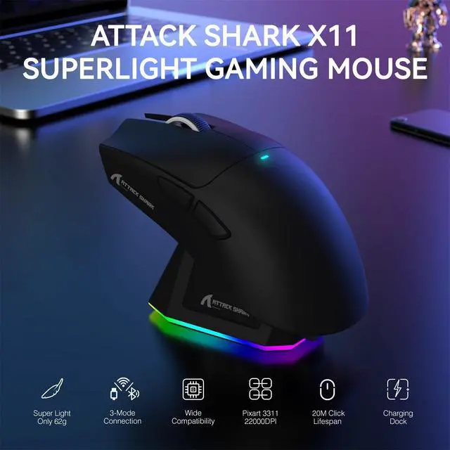 Alt view image 2 of 7 - ATTACK SHARK X11 Wireless Gaming Mouse | PAW3311 Sensor, 22000 DPI, Tri-Mode, Lightweight, RGB Charging Dock, 5 Programmable Buttons Black