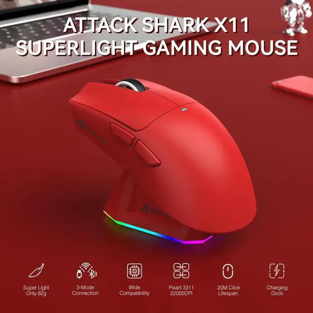 Alt view image 2 of 7 - ATTACK SHARK X11 Wireless Gaming Mouse | PAW3311 Sensor, 22000 DPI, Tri-Mode, Lightweight, RGB Charging Dock, 5 Programmable Buttons Red
