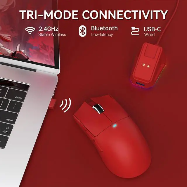 Alt view image 3 of 7 - ATTACK SHARK X11 Wireless Gaming Mouse | PAW3311 Sensor, 22000 DPI, Tri-Mode, Lightweight, RGB Charging Dock, 5 Programmable Buttons Red