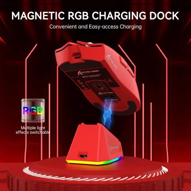 Alt view image 4 of 7 - ATTACK SHARK X11 Wireless Gaming Mouse | PAW3311 Sensor, 22000 DPI, Tri-Mode, Lightweight, RGB Charging Dock, 5 Programmable Buttons Red